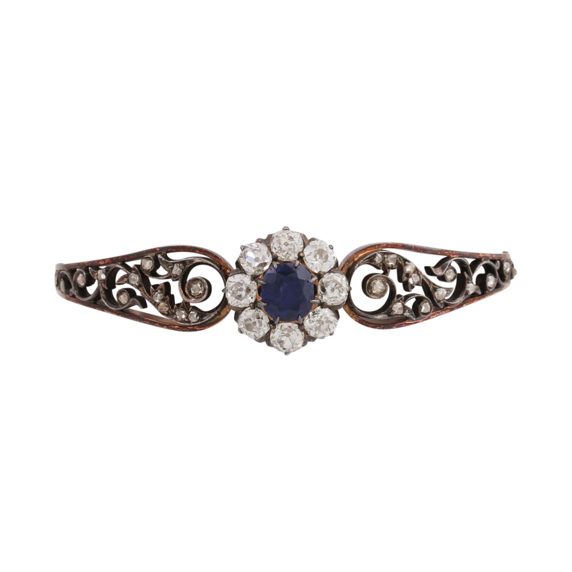 Antiker Armreif mit Saphir und Diamanten zus. ca. 3 ct,