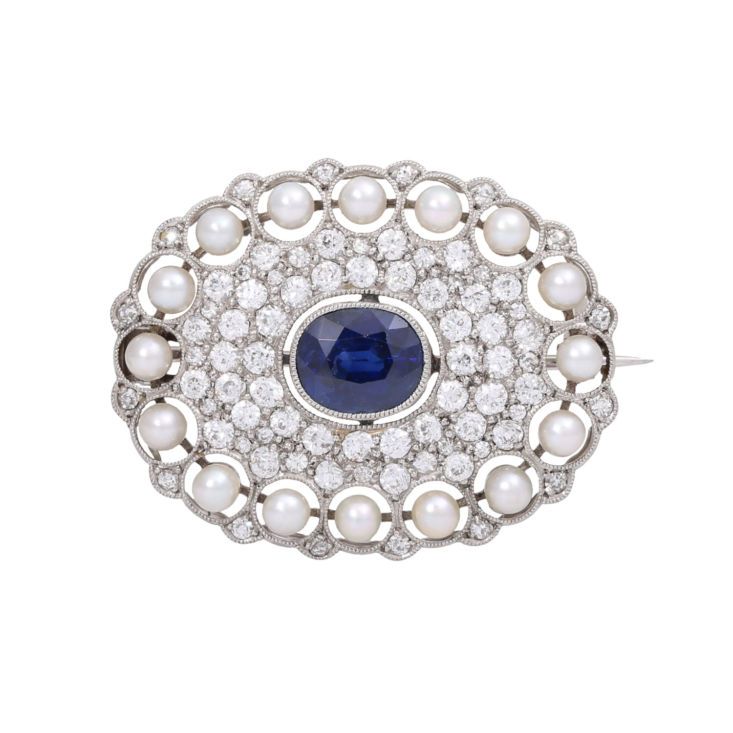 Art Déco Brosche mit Saphir, Perlen und Diamanten