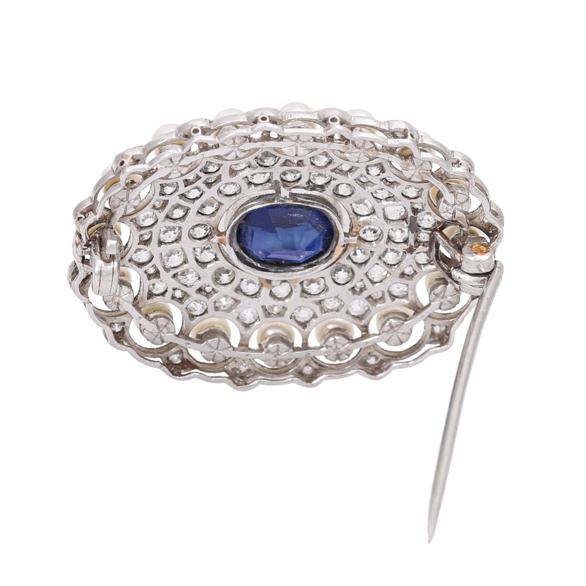 Art Déco Brosche mit Saphir, Perlen und Diamanten - Bild 3 aus 6
