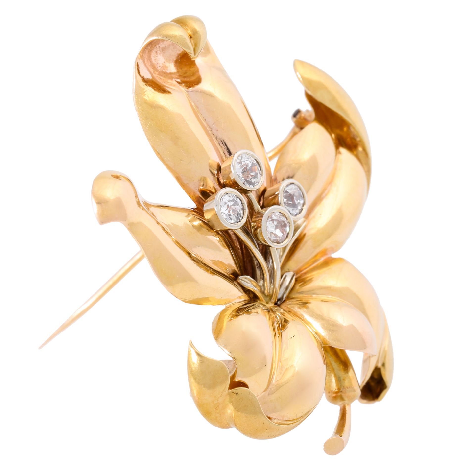 CARL BUCHERER Blütenbrosche mit 4 Altschliffdiamanten zus. ca. 1 ct, - Bild 3 aus 5