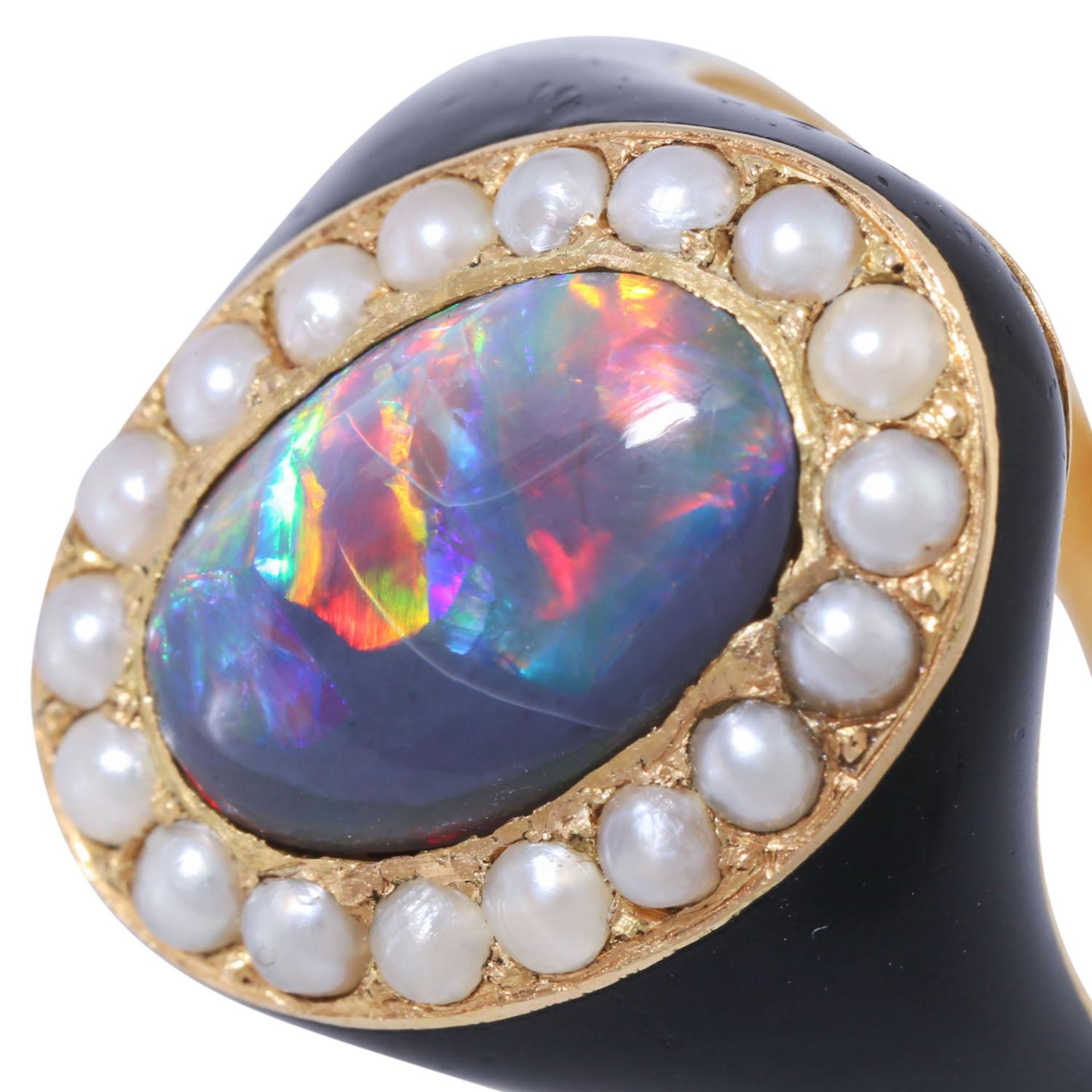 Ring mit schwarzem Opal und kleinen Perlen, - Bild 5 aus 5