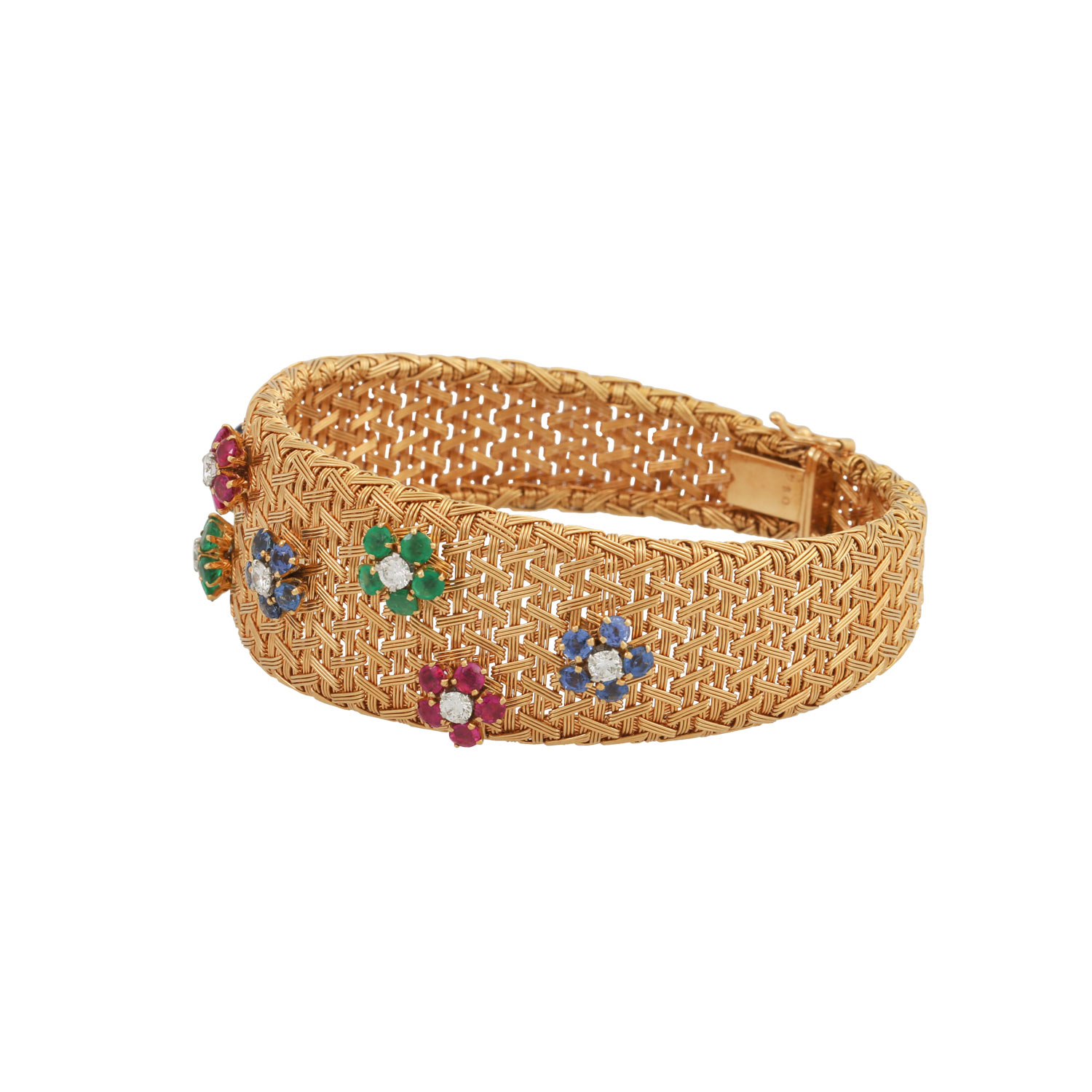 Flechtarmband mit Blüten aus Rubinen, Saphiren, Smaragden und Brillanten, - Image 3 of 6