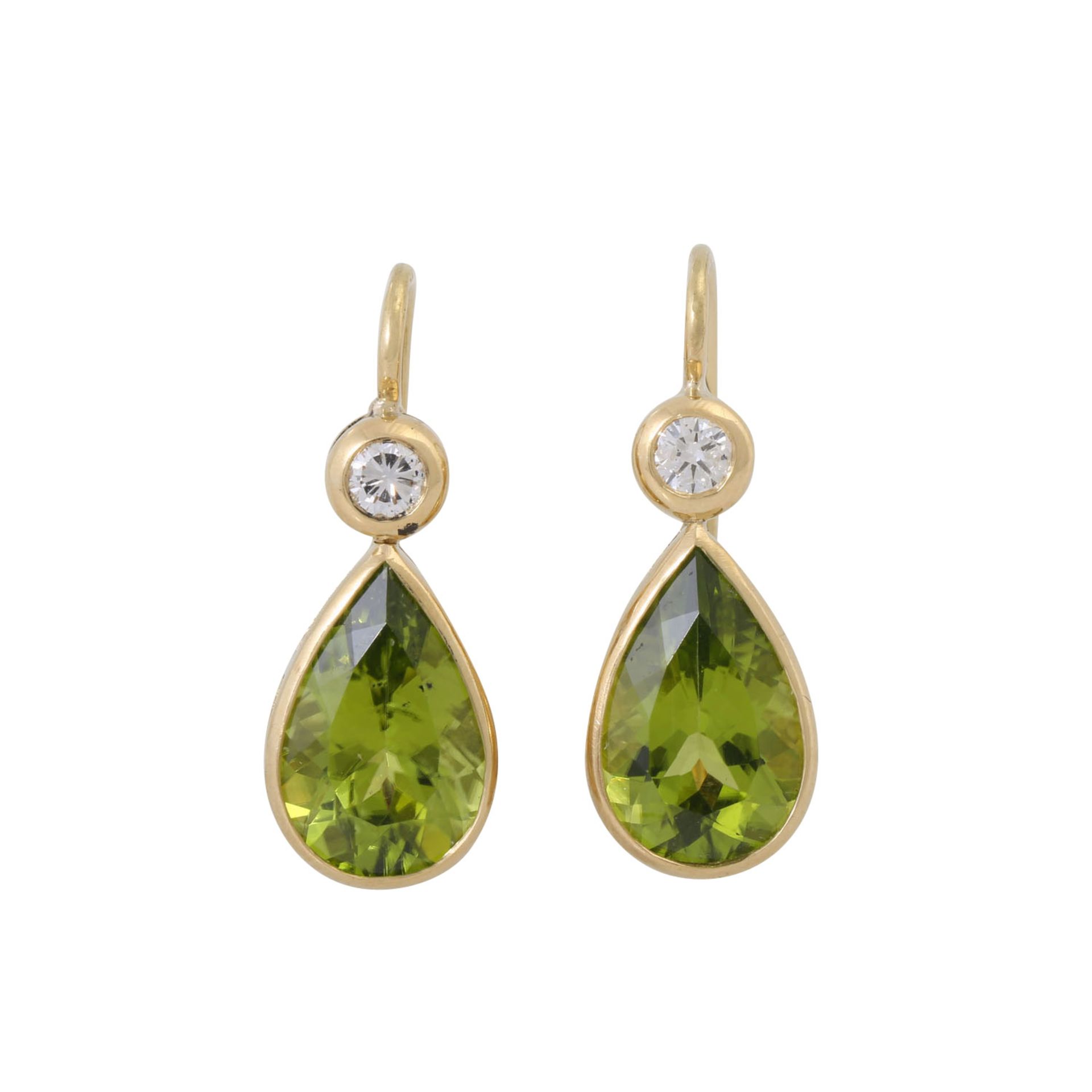 Ohrringe mit feinen Peridottropfen und Brillanten zus. ca. 0,3 ct,