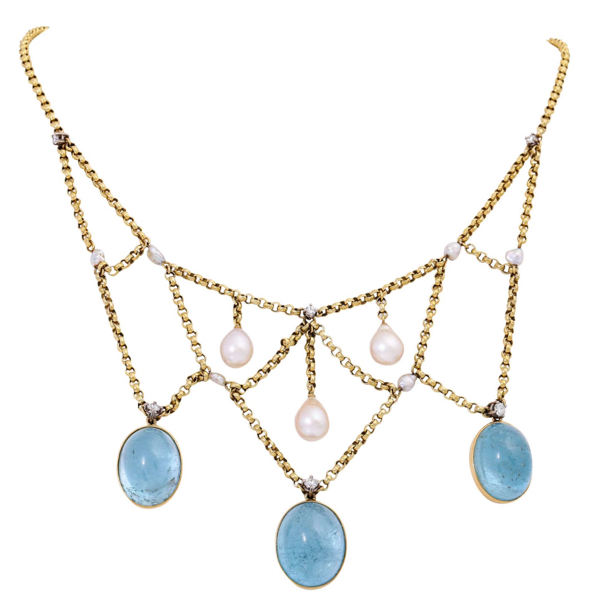 Collier mit 3 ovalen Aquamarincabochons zus. ca. 50 ct,