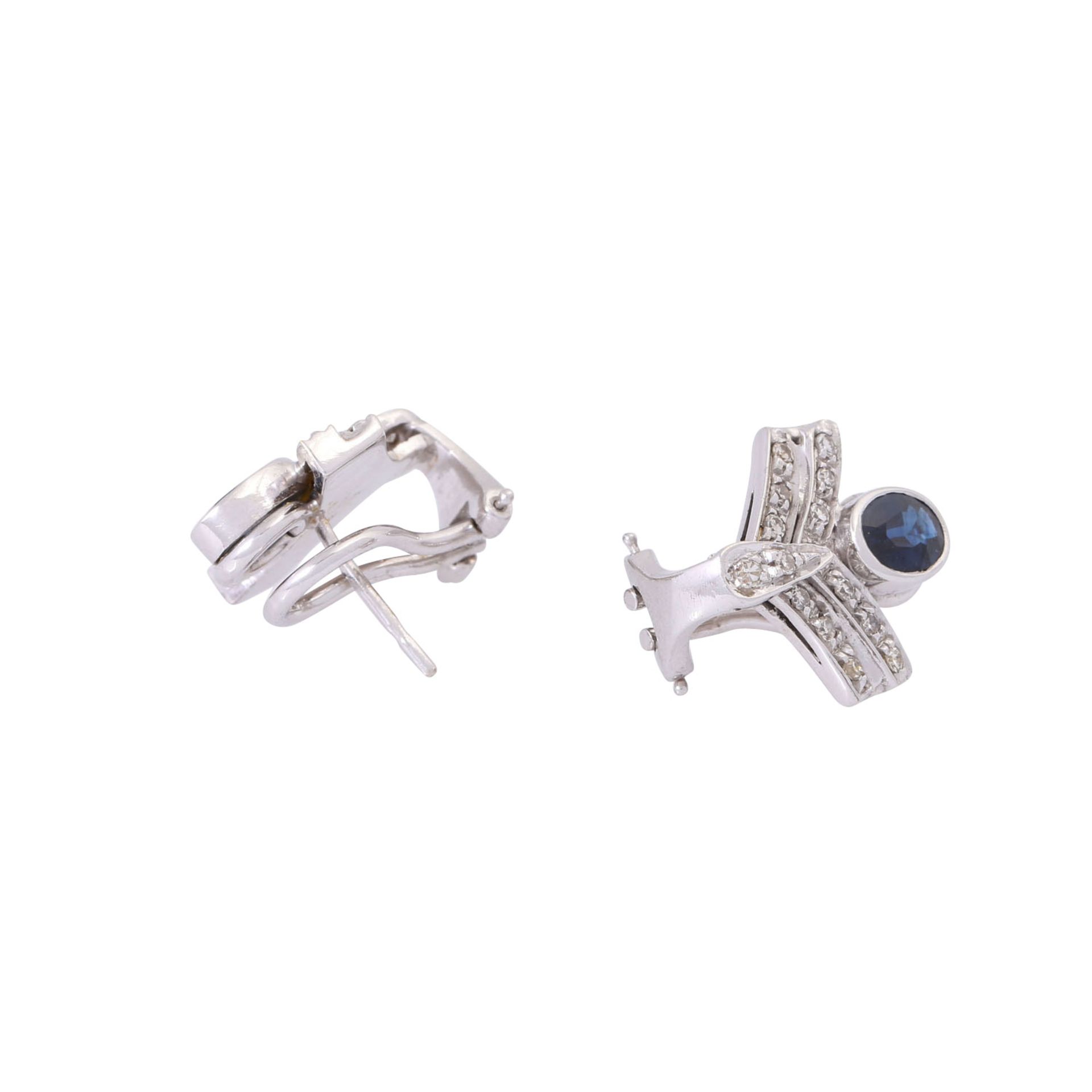 Ohrringe mit 2 ovalen Saphiren und Achtkantdiamanten zus. ca. 0,25 ct, - Bild 3 aus 4