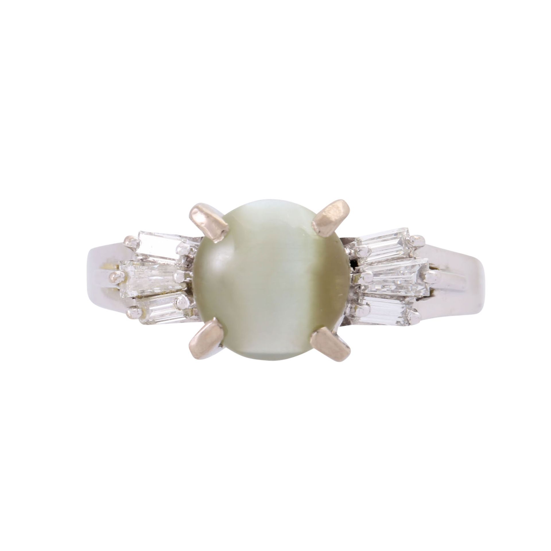 Ring mit Chrysoberyllkatzenauge flankiert von 6 Diamanttrapezen zus. ca. 0,5 ct, - Image 2 of 3