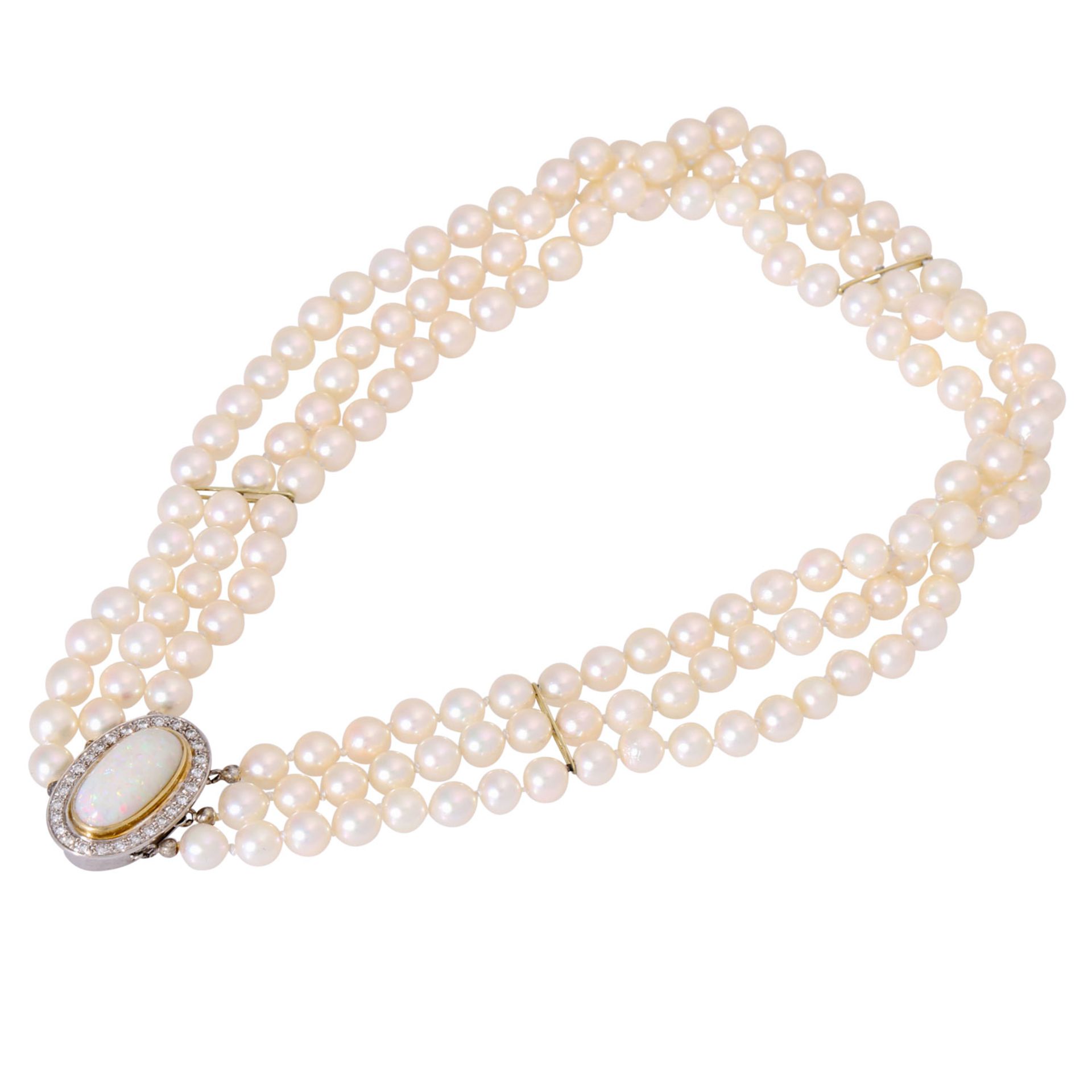 Perlenhalsband 3-reihig mit handgearbeiteter Opal-Brillantschließe, - Bild 3 aus 5