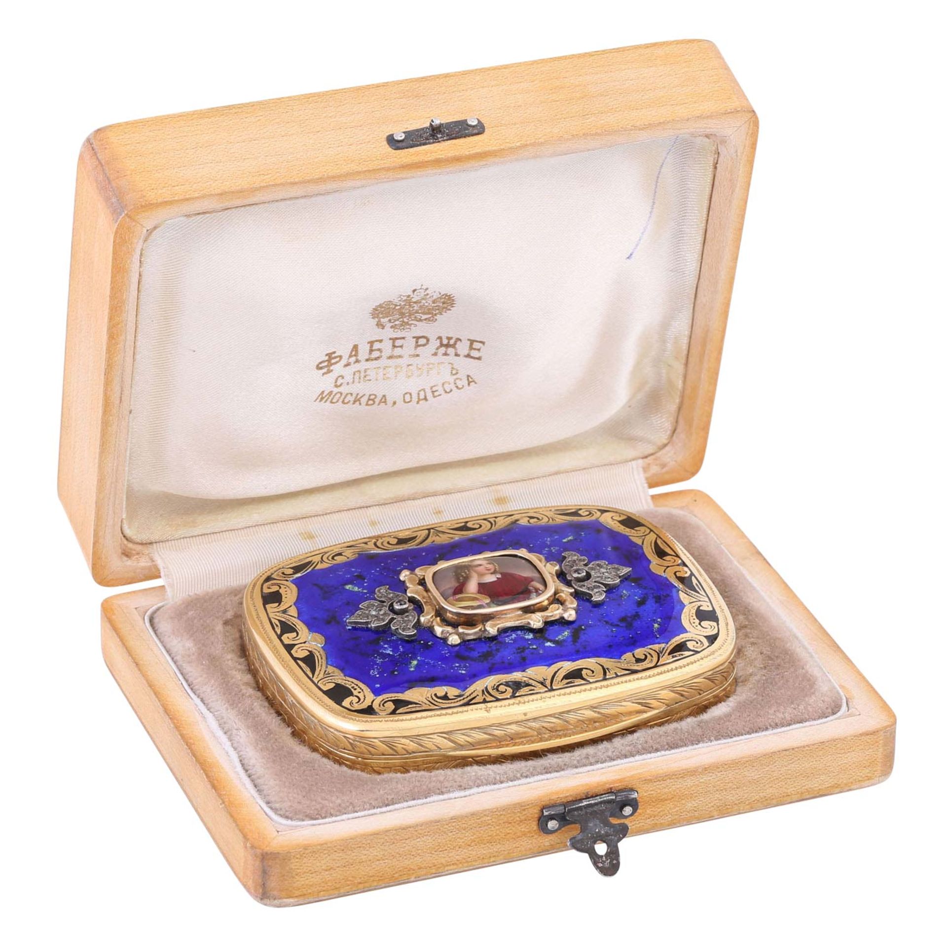 Emaillierte Deckeldose mit Miniaturmalerei, im Fabergé-Stil, Silber vergoldet, 20./21. Jh. - Bild 5 aus 5
