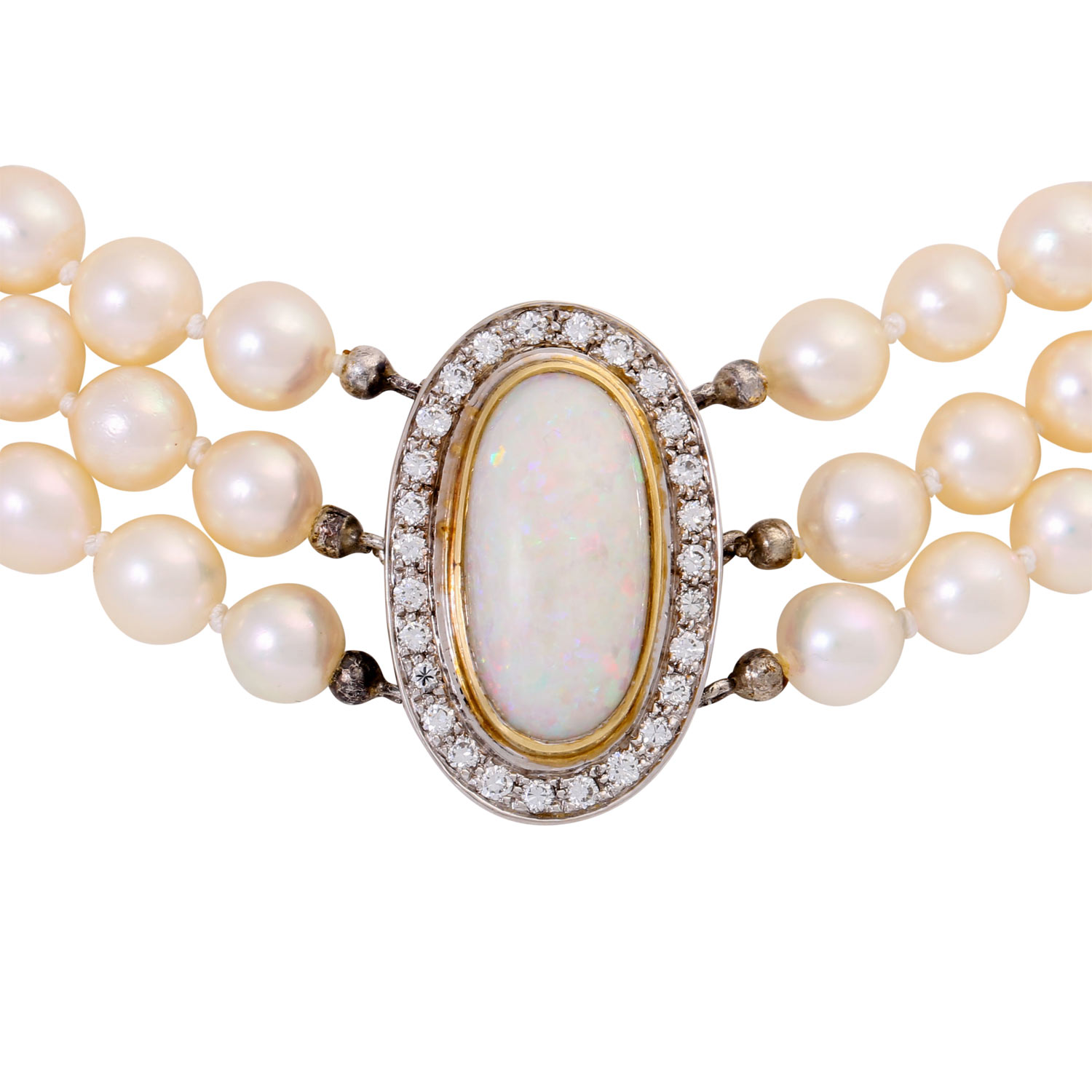 Perlenhalsband 3-reihig mit handgearbeiteter Opal-Brillantschließe, - Image 2 of 5