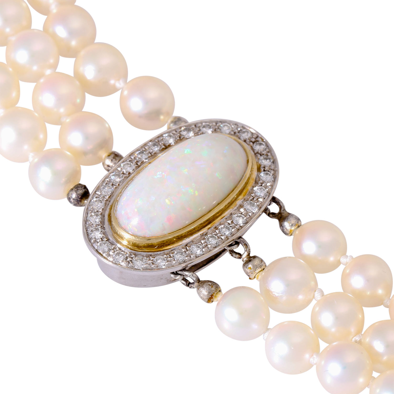 Perlenhalsband 3-reihig mit handgearbeiteter Opal-Brillantschließe, - Image 4 of 5