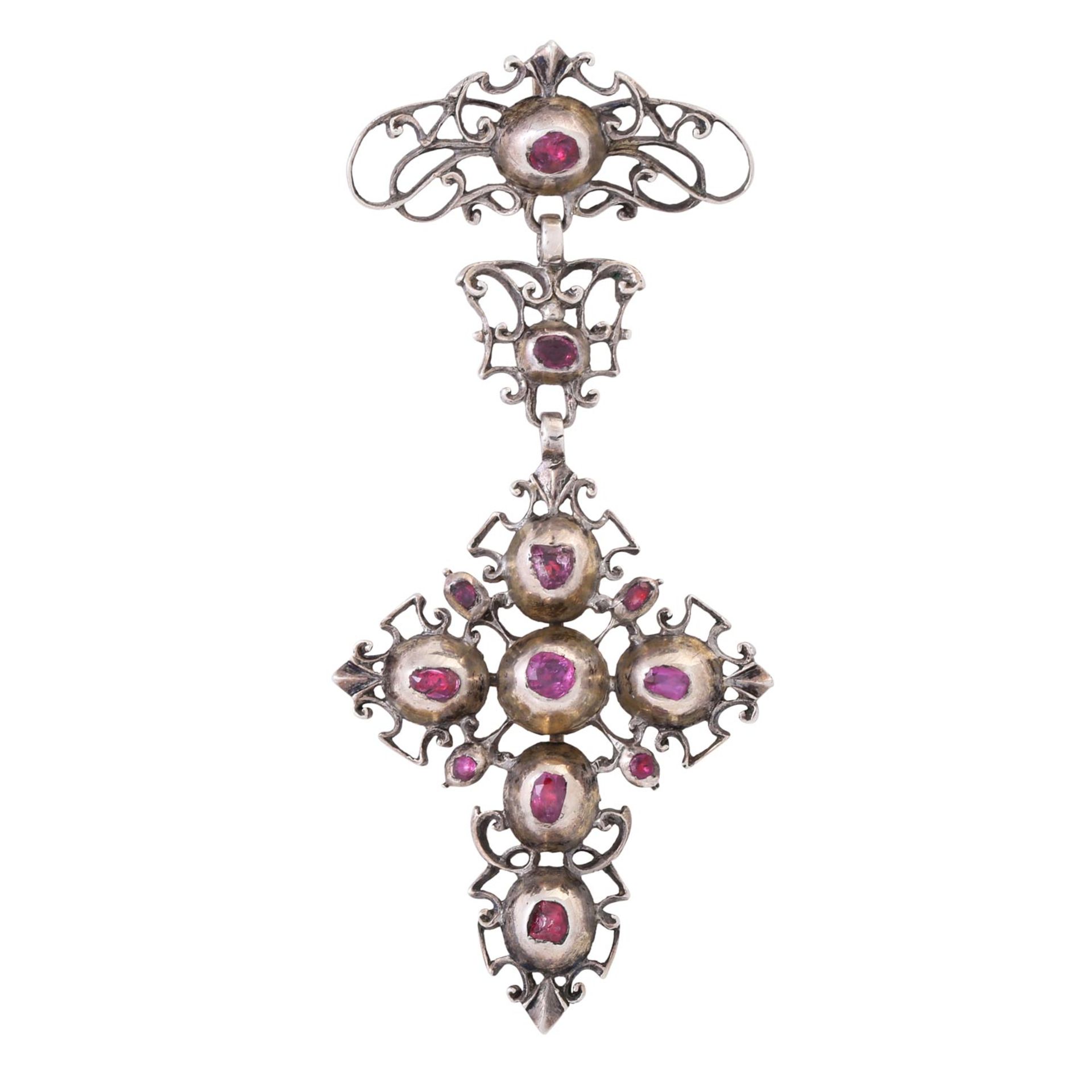 Rokoko Anhänger "Kreuz" mit 12 Rubinen zus. ca. 0,6 ct,