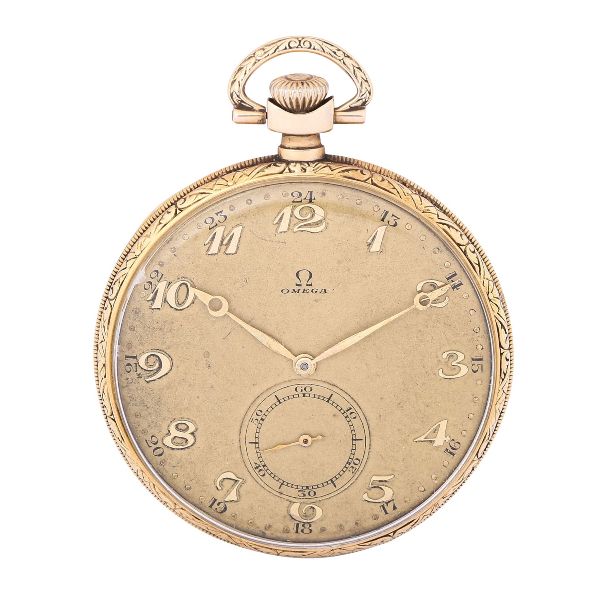 OMEGA offene 14K Gelbgold Taschenuhr von ca. 1929.