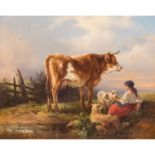 SCHNEIDER, AMABLE LOUIS (1824-1884) "Hirtenszene mit einer Bäuerin am Ufer eines Flusses"