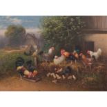 SCHEUERER, OTTO (1862-1934), "Hühner mit Küken im Garten hinter dem Hof",