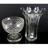 19th century cut glass pedestal bowl, 20 cm high, together with a tall clear glass vase,