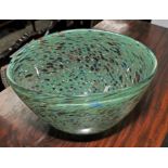 Vilniaus Stiklo Sudija green glass bowl with mottled red and blue decoration, 17.5cm high,