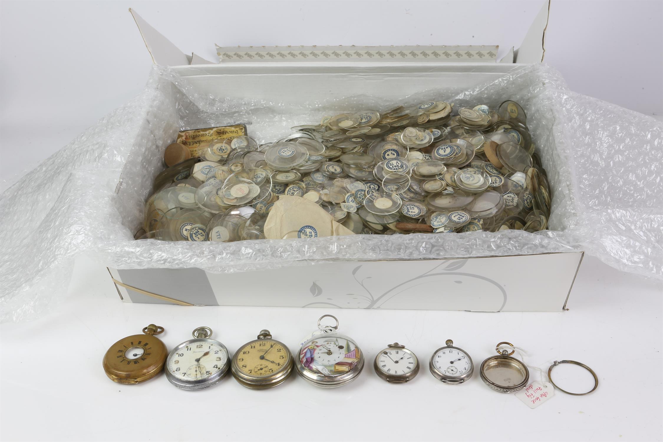 Six pocket watches, including an enamel pocket watch with a key wind movement, a Helvetia open