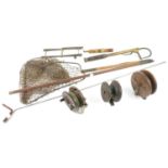 AMENDED DESCRIPTION - a Wood salmon gaff, line winder, landing net, rod rest and three other