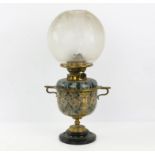 Doulton Lambeth stoneware Oil lamp with brass mounts, circular engraved glass shade ,