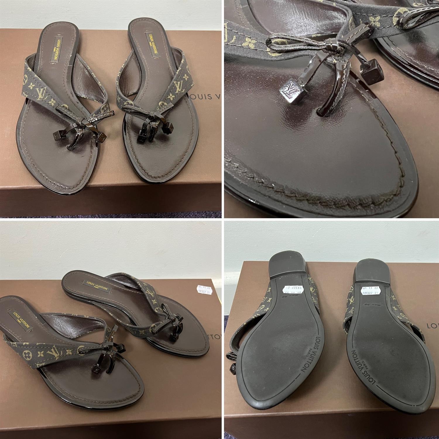 One pair LOUIS VUITTON boxed brown leather and canvas flip flops/ ladies slider shoes.
