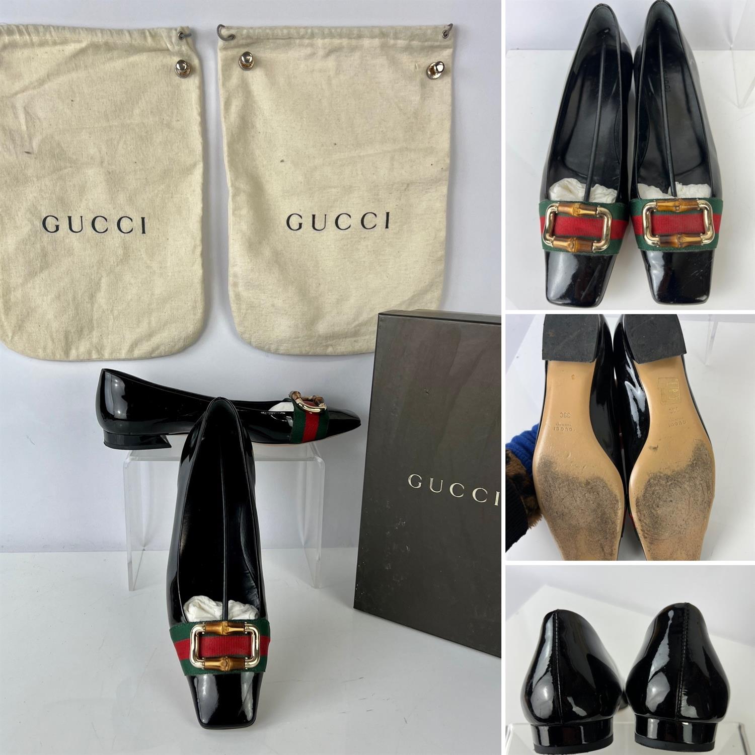 GUCCI Boxed with two dust bags ladies black patent leather flat pumps with red and green - Image 2 of 2