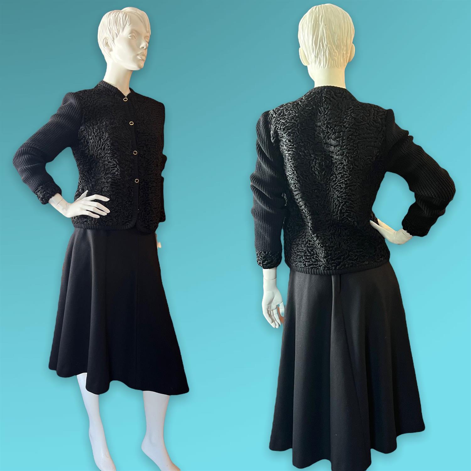 Quality "PERING" French couture designer ladies black lined probably cashmere heavy skirt suit with