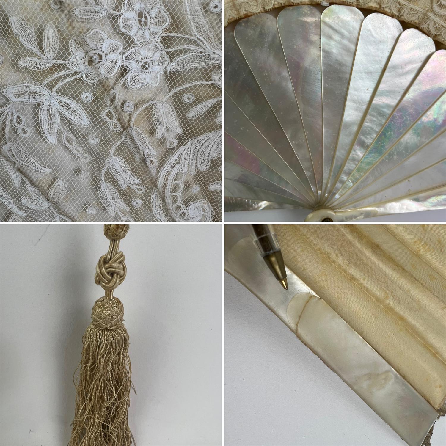 Large Victorian Brussels Lace over satin and mother-of-pearl folding hand fan with fine - Image 3 of 3