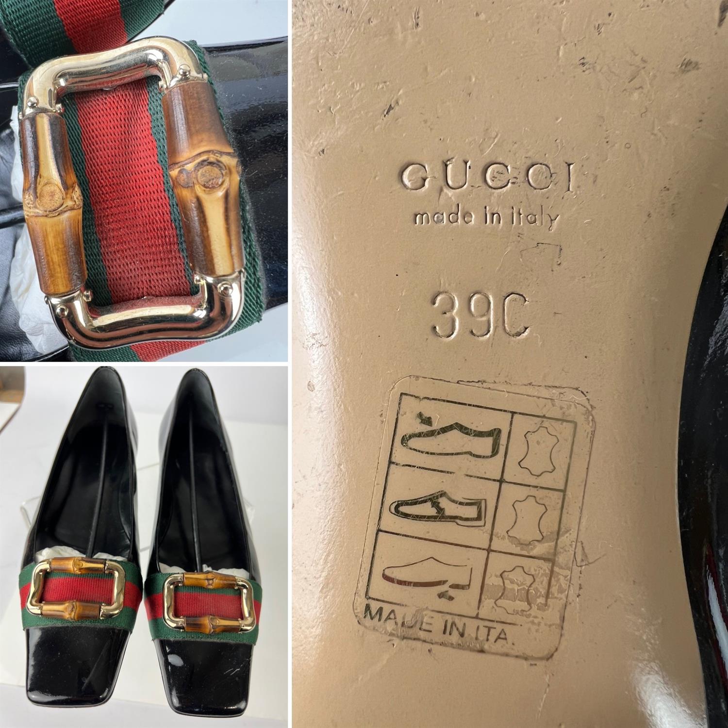 GUCCI Boxed with two dust bags ladies black patent leather flat pumps with red and green