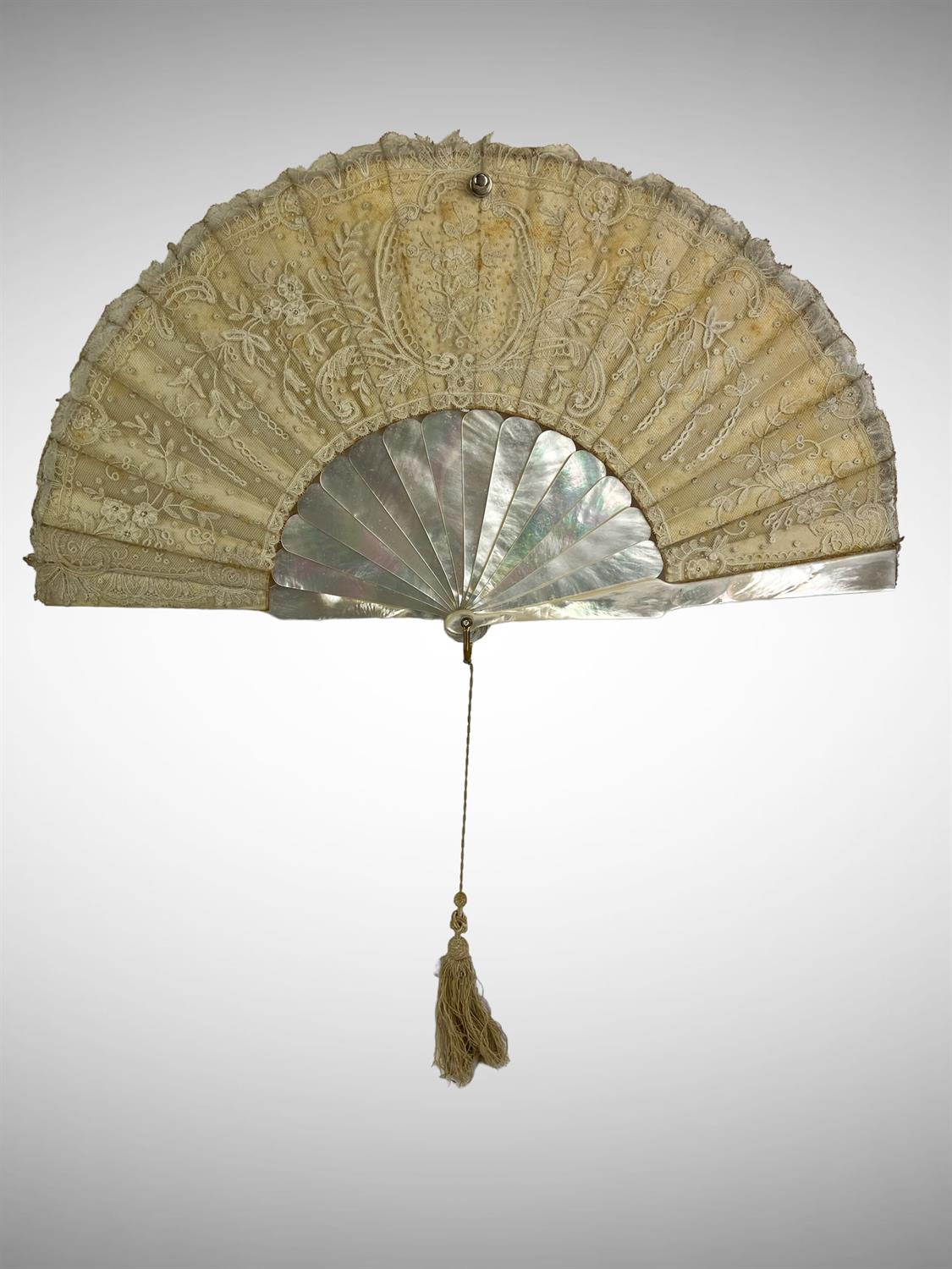 Large Victorian Brussels Lace over satin and mother-of-pearl folding hand fan with fine