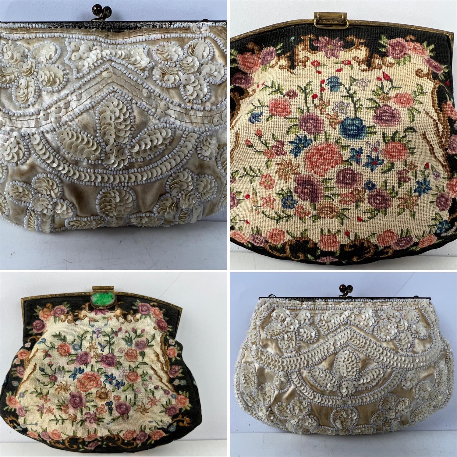 Two Art Deco evening bags one in petit point floral pattern with pale gold satin lining and curved