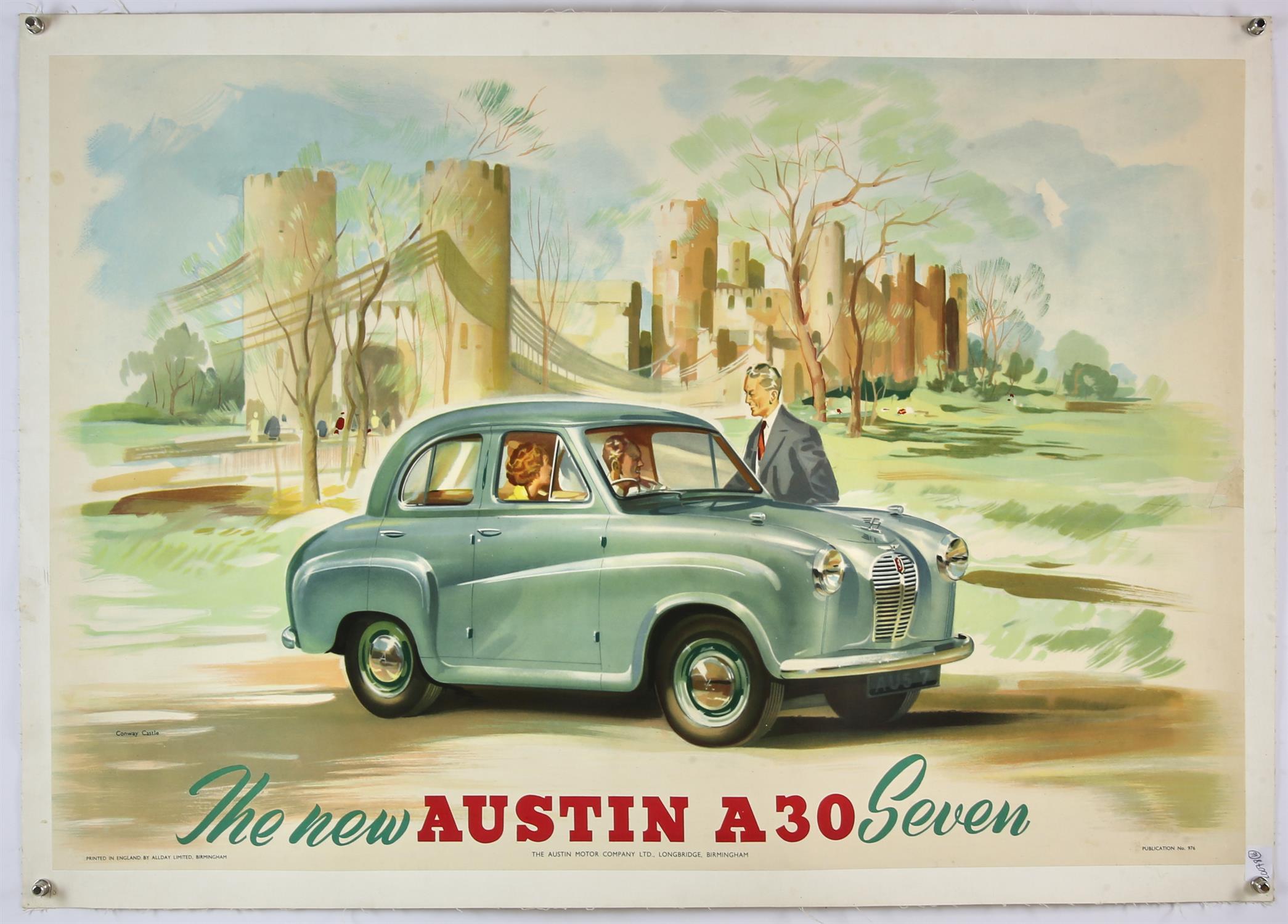 The New Austin A30 Seven - Vintage advertising poster, circa 1952, Conway Castle,