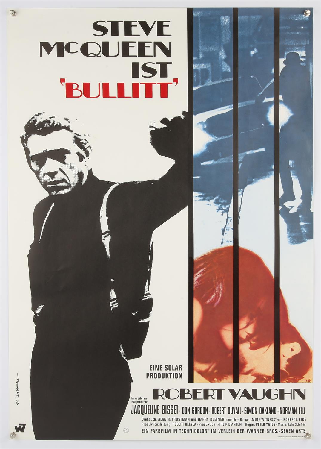 Bullitt (1968) German film poster, starring Steve McQueen, rolled, 23 x 33 inches.