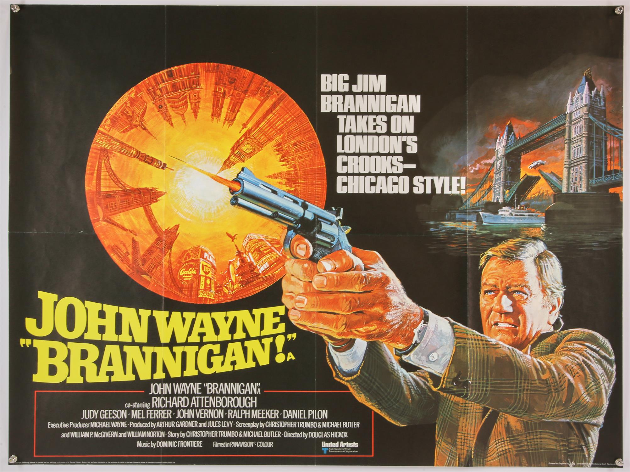 Brannigan (1975) British Quad film poster, starring John Wayne in London, artwork by Brian Bysouth,