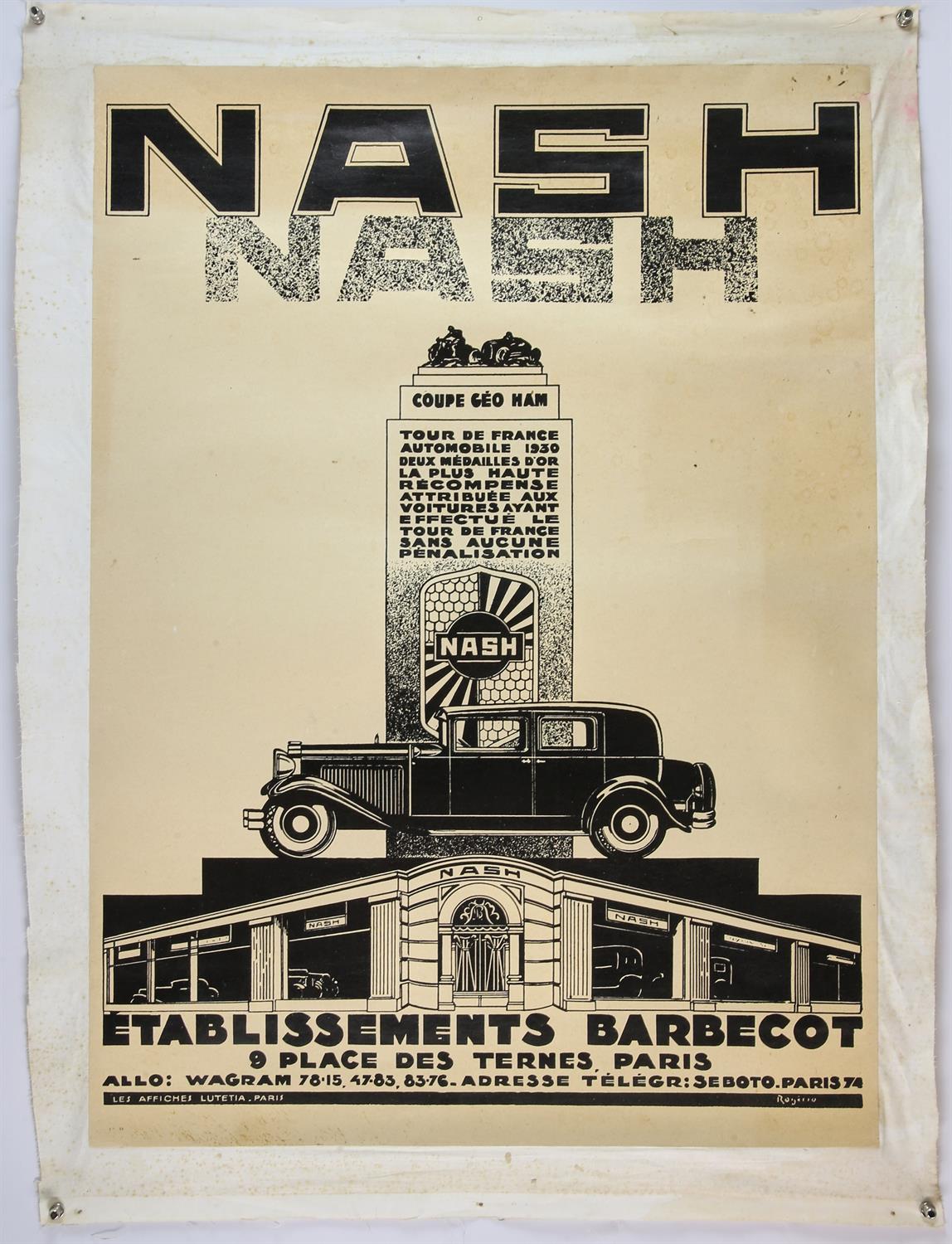 Nash - Vintage French Automobile advertising poster, circa 1932, linen backed, approx.