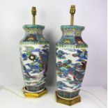 Two large Oriental design ceramic lamp bases.