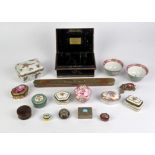 Miessen Indian pattern cup and cover, Dresden pin box, various other decorative boxes,
