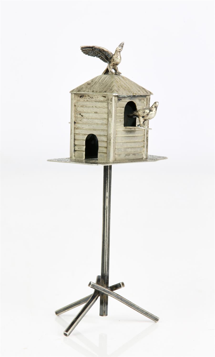 Dutch silver miniature of a dove/bird house on stand, 10.5cm high