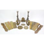 Metal ware including pewter candlesticks, brass door plates, candle sconces, etc.