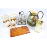 A Bakelite twin inkwell desk set, glass cruet set, ceramics including Kitchenalia,