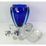 Glass items to include large blue glass vase, seven dump weights of various design and two crystal