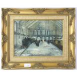 Twentieth-century European School, train station scene, oil on board, signed indistinctly,