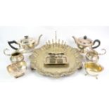 Mixed lot of silver plated items to include a salver, tea pots, toast rack, cream jug and sauce