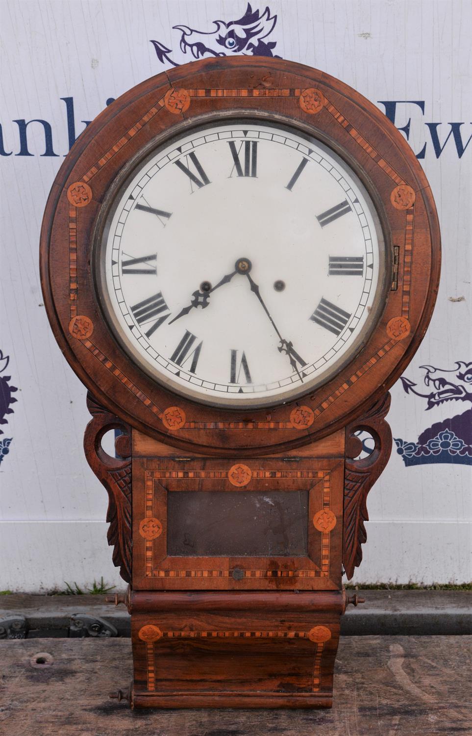 19th century walnut and parquetry inlaid drop-dial wall clock, the two train movement striking the