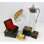 Five trinket boxes of various design along with three glass decanters and associated glassware.