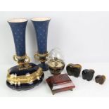 An agate trinket box, A graduated set of three elephants in agate, a pair of trumpet vases etc.