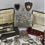 Various items of small silver, to include cased christening sets, strut clock, watch case,