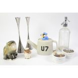Mixed quantity of ceramics and metalwork, to comprise eight tea pots, a soda siphon,