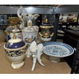 A Coalport dish on pedestal with lid, A Naples porcelain figural ewer and a Worcester dish and