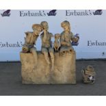 French pottery group of three children seated on a wall with a dog and a ball. in parts, H60 W 51 cm