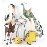 A quantity (12) of garden ornaments in the form of animals including large wooden Geese, Metal cat,